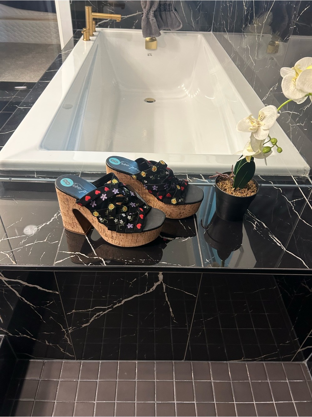 Free People Black Cork Platform Sandals with Multicolor Floral Embroidery
